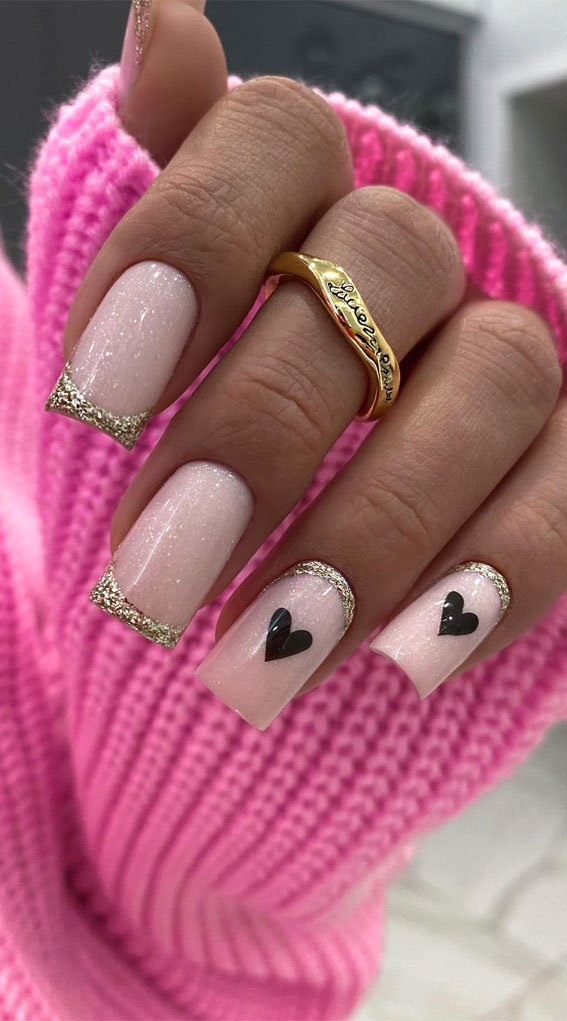 glitter nails, Love-inspired nail aesthetics, valentines nails, Valentine's day nails, love heart nails, pink nails, pink and red nail, Valentine's day French Nails, Valentine's day simple nails, date night manicure, red nails, Valentines nails, simple nails, Valentines French manicure