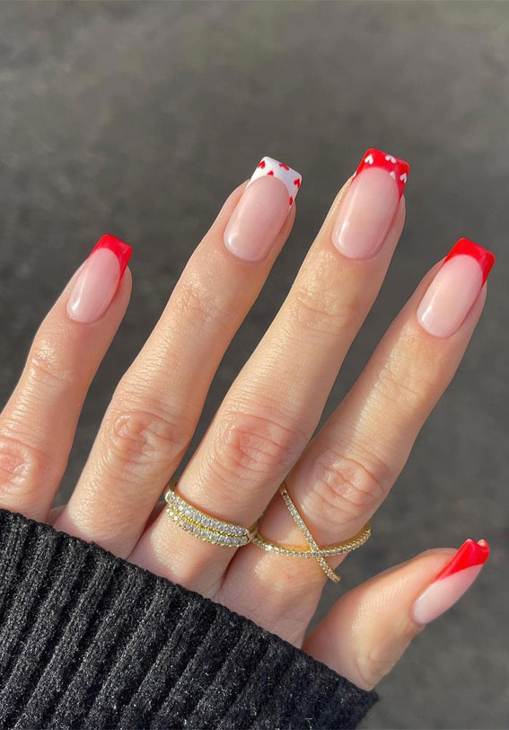 Valentine's day nails, love heart nails, pink nails, pink and red nail, Valentine's day French Nails, Valentine's day simple nails, date night manicure, red nails, Valentines nails, simple nails, Valentines French manicure