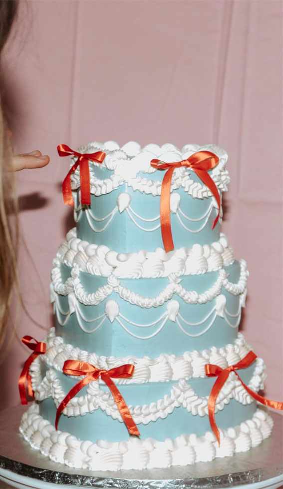 30 Celebrate Cake Ideas for Every Occasion : Blue Cake with Red Bows