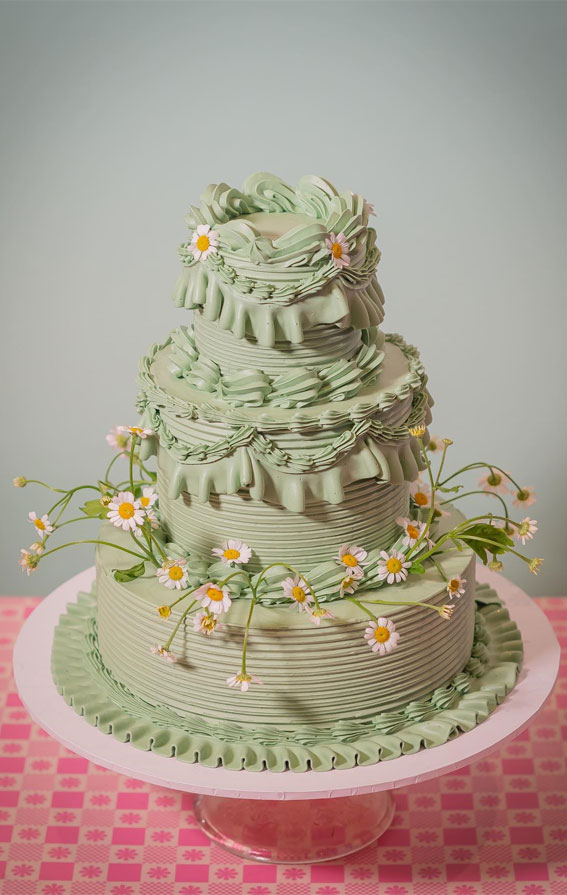 30 Celebrate Cake Ideas for Every Occasion : Green 3 tier with Chamomiles