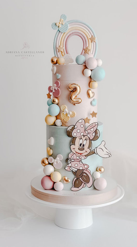 35 Adorable Birthday Cake Ideas for Little Ones : Rainbow & Minnie Blue Two Tiers