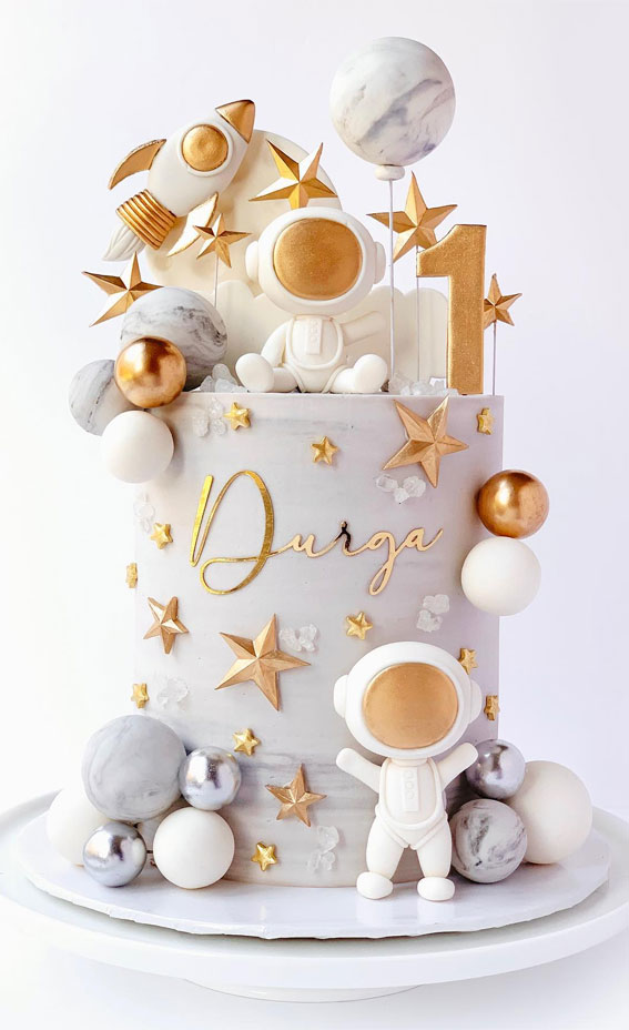 35 Adorable Birthday Cake Ideas for Little Ones : Astronaut Gold Theme Cake