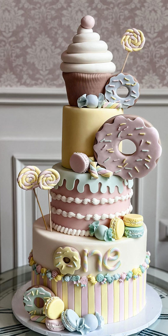35 Adorable Birthday Cake Ideas for Little Ones : Candy Lane Theme 1st Birthday Cake