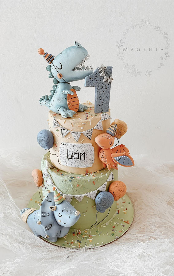 35 Adorable Birthday Cake Ideas for Little Ones : Baby Dino 1st Birthday Cake