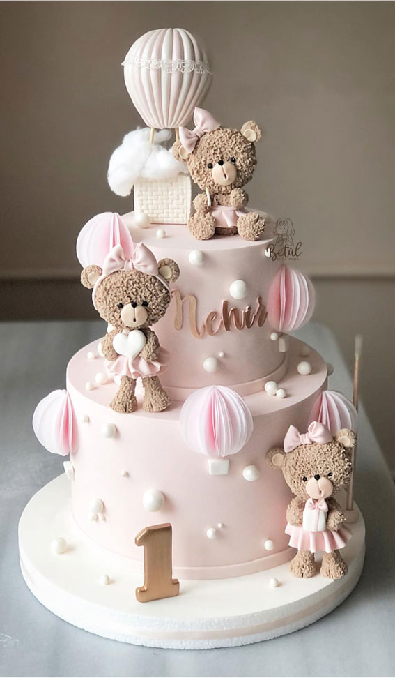 35 Adorable Birthday Cake Ideas for Little Ones : Balloon & Teddy Pink 1st Birthday Cake