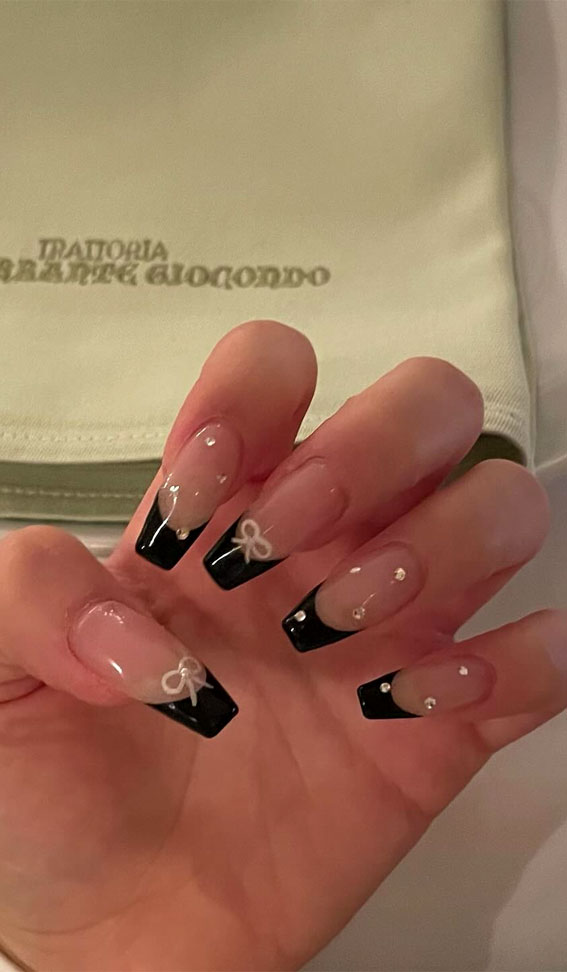 Creative Nail Concepts for Your Next Manicure : Black Tip + Tiny White Bow Nails