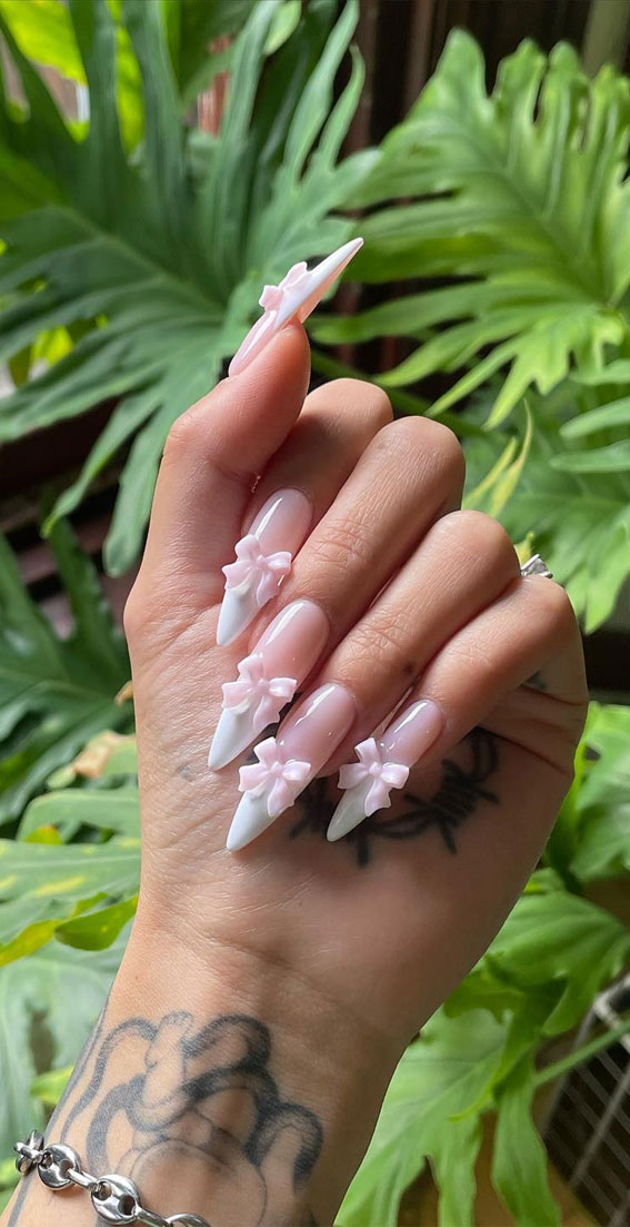 birthday nails, french tip almond nails, creative nails, coquette nails, nail trends, elegant nails, jewel nails, jewel nail designs, elegant nails pictures, french tip nails