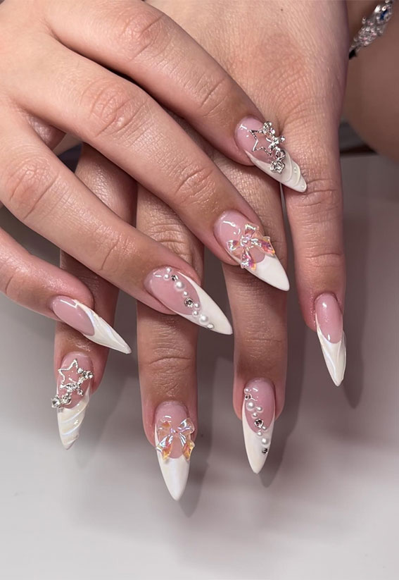 Creative Nail Concepts for Your Next Manicure : Coquette White Tip Stiletto Nails