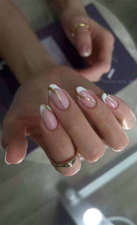 Creative Nail Concepts for Your Next Manicure : White Tip Nails + Glitter Gold