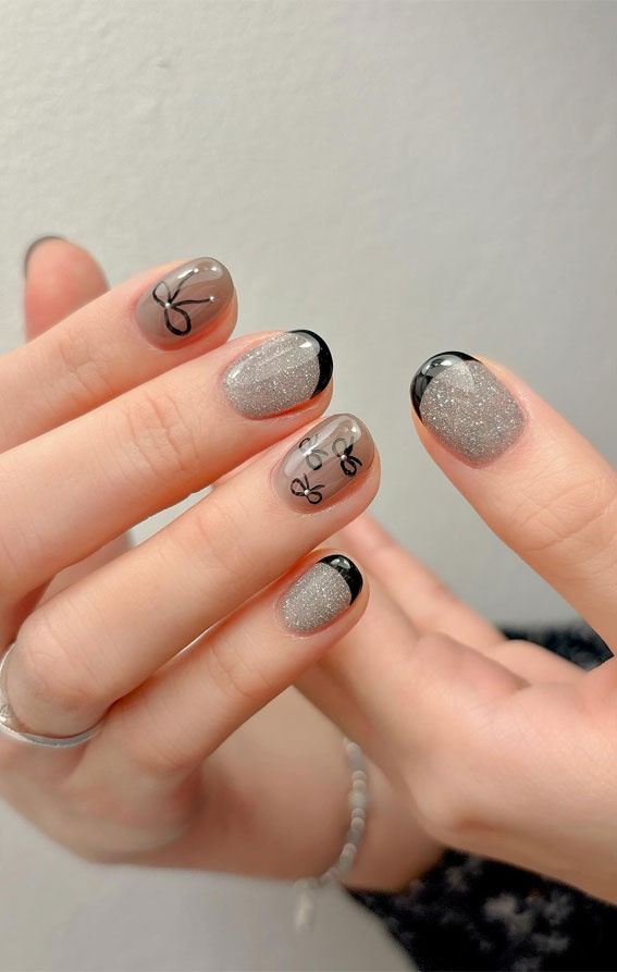 Creative Nail Concepts for Your Next Manicure : Black Bows + Shimmery Black Tip Nails