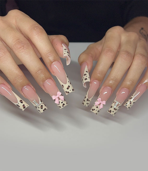 Creative Nail Concepts for Your Next Manicure : Leopard French Tip Nails with Pink Bow