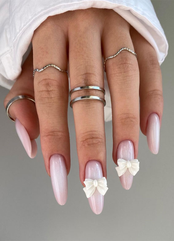 Creative Nail Concepts for Your Next Manicure : White Bow on Pink Powder Nails