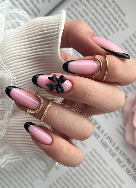 Creative Nail Concepts for Your Next Manicure : Black French Tip Nails with Black Bow