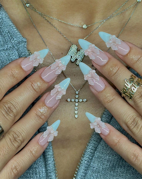 Creative Nail Concepts for Your Next Manicure : White French Pointy Nails with Bows