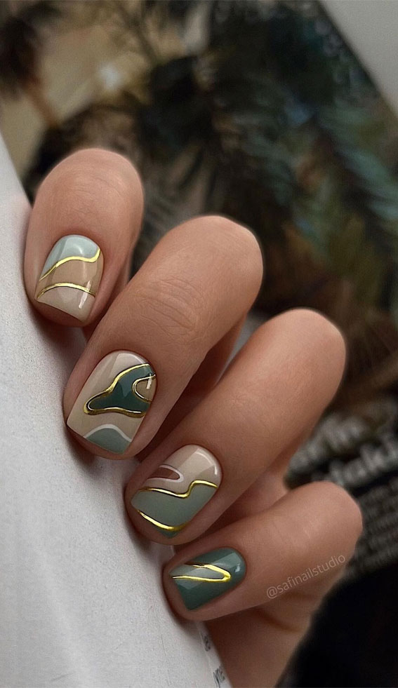 20 Fresh Green Spring Nail Ideas for the Season : Abstract Green with Gold Details