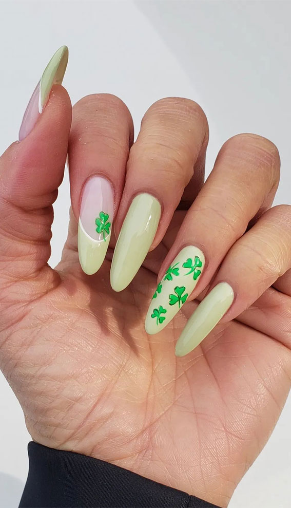 green nails, green nail trends, green nail colors, green nails dark, light green nails, emerald green nails, St. Patrick's Day Nail Designs 2024, Best St. Patrick's Day nails, mismatch green nails, ombre green nails
