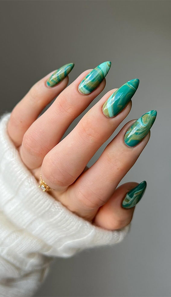 20 Fresh Green Spring Nail Ideas for the Season : Marble Pointy Tip Nails