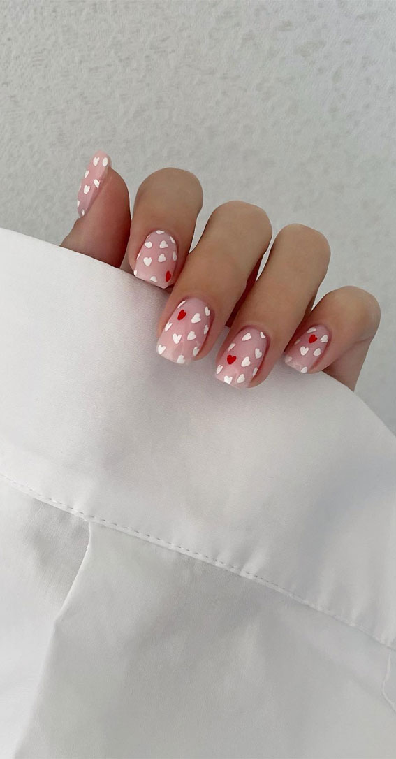 red love heart nails, red nail aesthetics, valentines nails, Valentine's day nails, love heart nails, pink nails, pink and red nail, Valentine's day French Nails, Valentine's day simple nails, date night manicure, red nails, Valentines nails, simple nails, Valentines French manicure