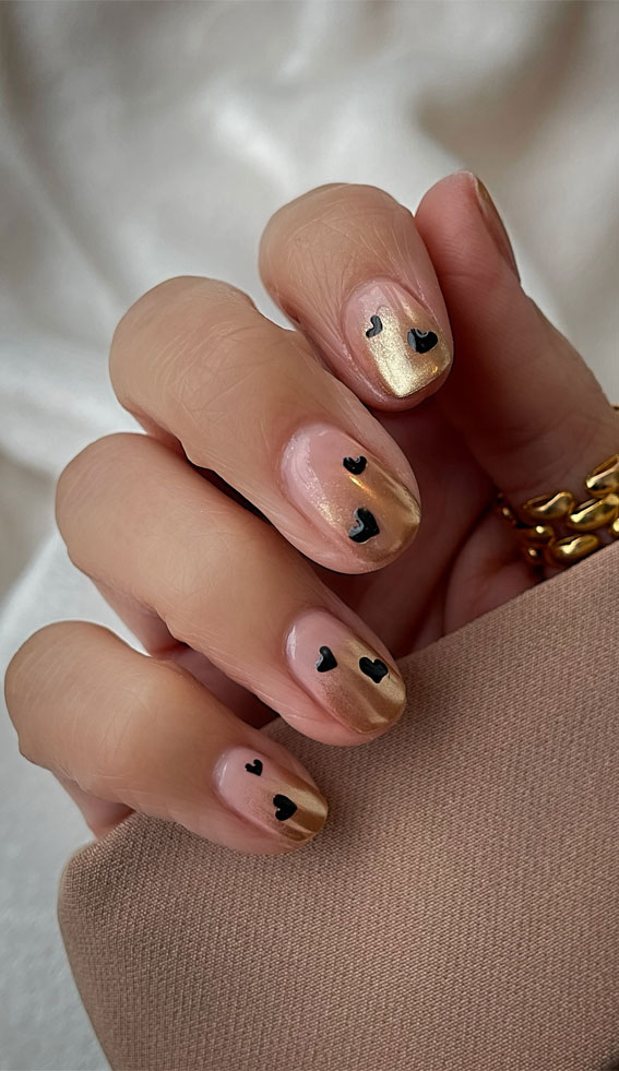 Captivating Valentine’s Day Nail Designs : Ombre Gold Tips + Black Hearts