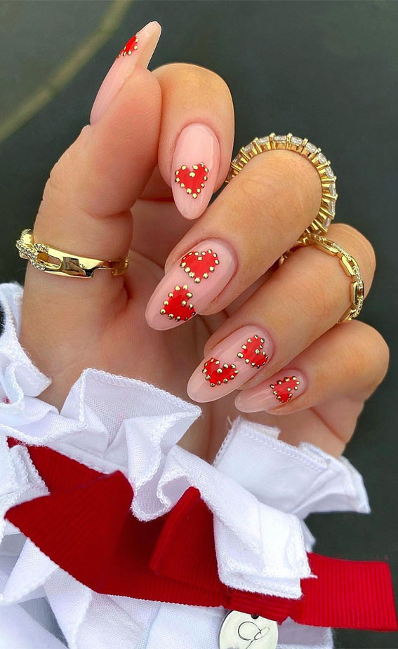 Captivating Valentine’s Day Nail Designs : Red Heart Gold Dot Almond Nails