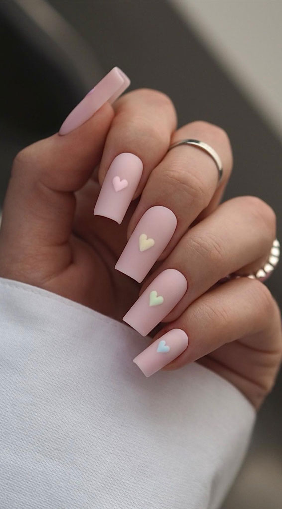 Captivating Valentine’s Day Nail Designs : Pastel Heart Matte Nails