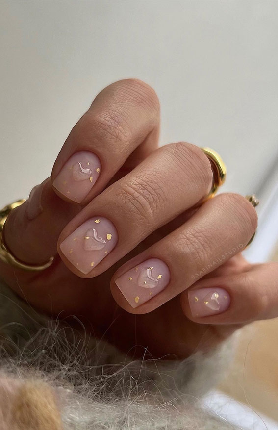 Captivating Valentine’s Day Nail Designs : Clear Heart Gold Foil Nails
