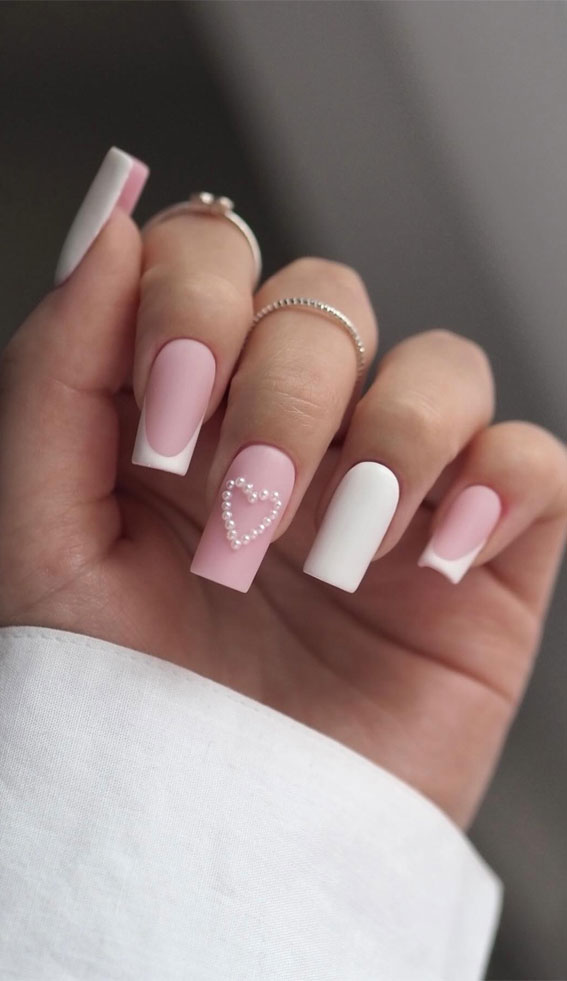 Captivating Valentine’s Day Nail Designs : Pearl Heart Matte Pink Nails