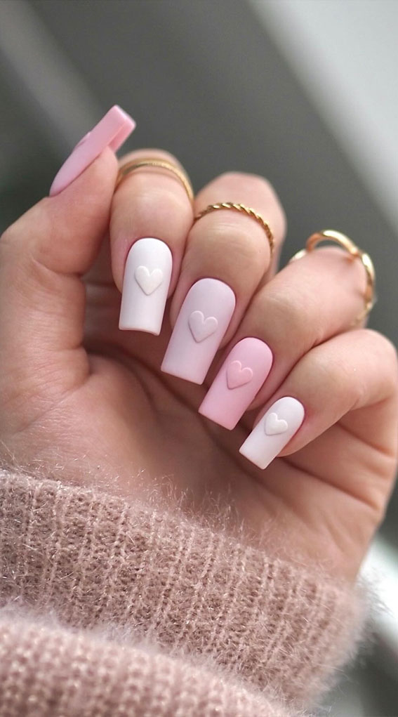 Captivating Valentine’s Day Nail Designs : Embossed Heart Gradient Pink Nails