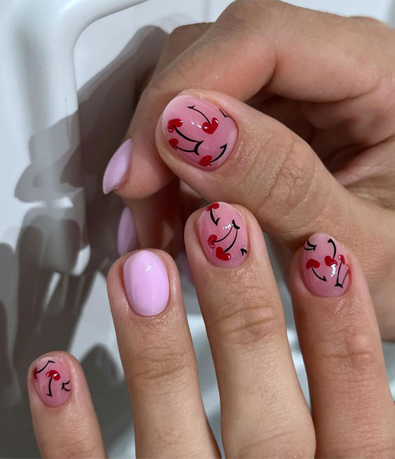 Captivating Valentine’s Day Nail Designs : Red Cherry Heart Nails