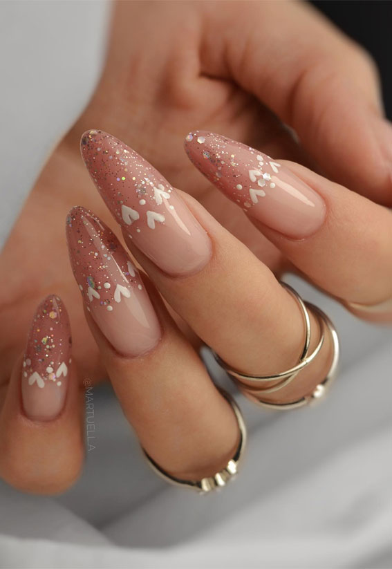 Captivating Valentine’s Day Nail Designs : Love Heart Nude Pointy Tip Nails