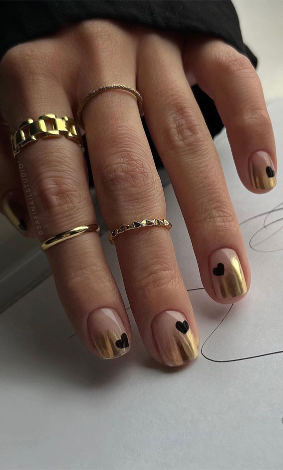 Captivating Valentine’s Day Nail Designs : Ombre Metallic Tips with Black Heart Nails