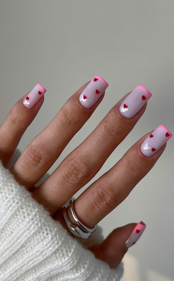 Captivating Valentine’s Day Nail Designs : Scattered Red Heart Pink Tip Nails