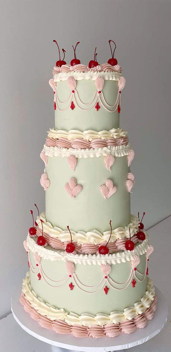 40 Inspiring Wedding Cake Creations : Soft Green Wedding Cake with Pink and Vanilla Accent