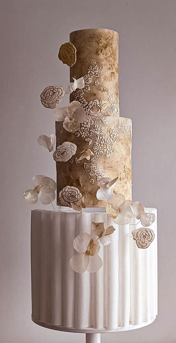 40 Inspiring Wedding Cake Creations : Bas Relief Floral Elegance Three-Tier Wedding Cake