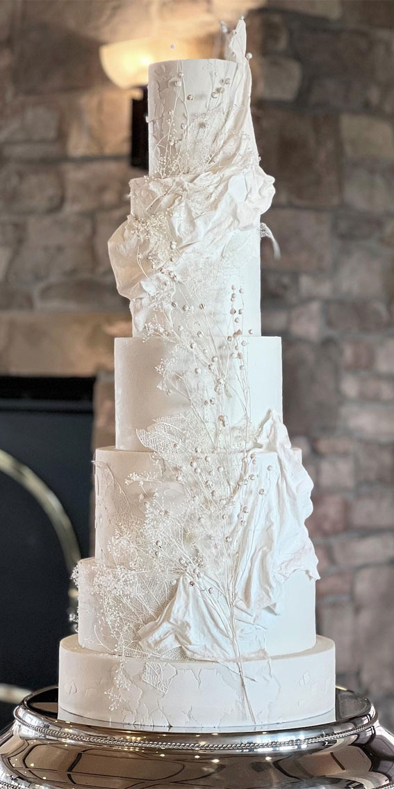 40 Inspiring Wedding Cake Creations : Majestic Six-Tier White Draped Wedding Cake