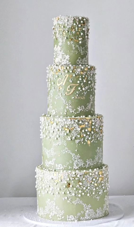 40 Inspiring Wedding Cake Creations : Enchanting Green Floral Stencil Wedding Cake