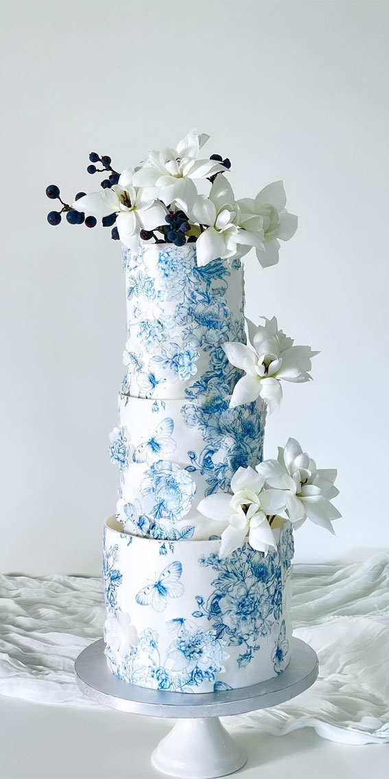 40 Inspiring Wedding Cake Creations : Blue Floral Bliss Three-Tier Vanilla Cake