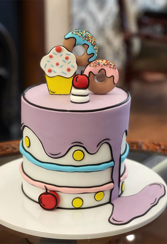 50 Birthday Cake Ideas for Every Celebration : Whimsical Lavender Drip Comic Cake