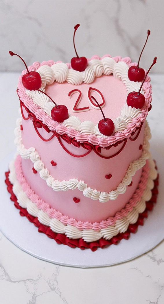 50 Birthday Cake Ideas for Every Celebration : Pink Heart Lambeth Cake for 20th Birthday