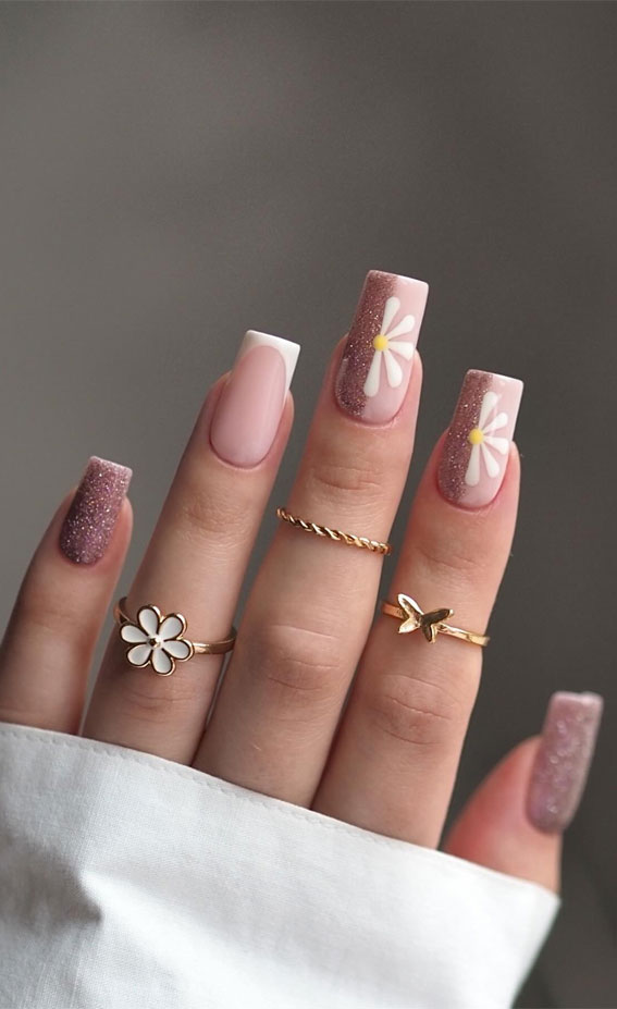 30 Easter Nail Art Designs That Dazzle : Half Daisy Half Rose Glitter Nails