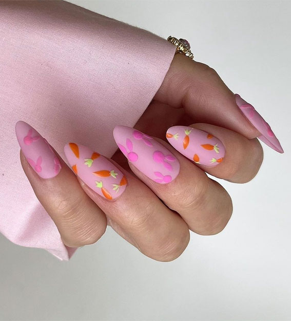 30 Easter Nail Art Designs That Dazzle : Pink Bunny Silhouette & Carrot Nails
