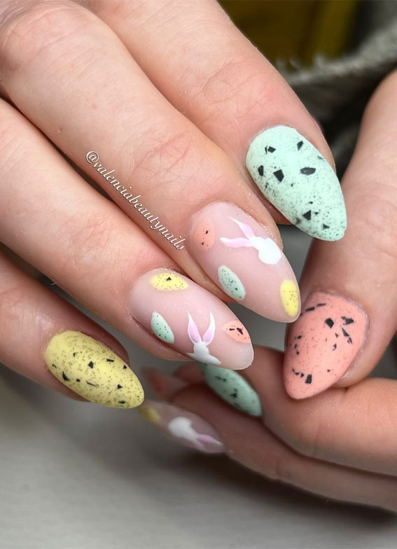 30 Easter Nail Art Designs That Dazzle : Pastel Bunny & Mini Eggs