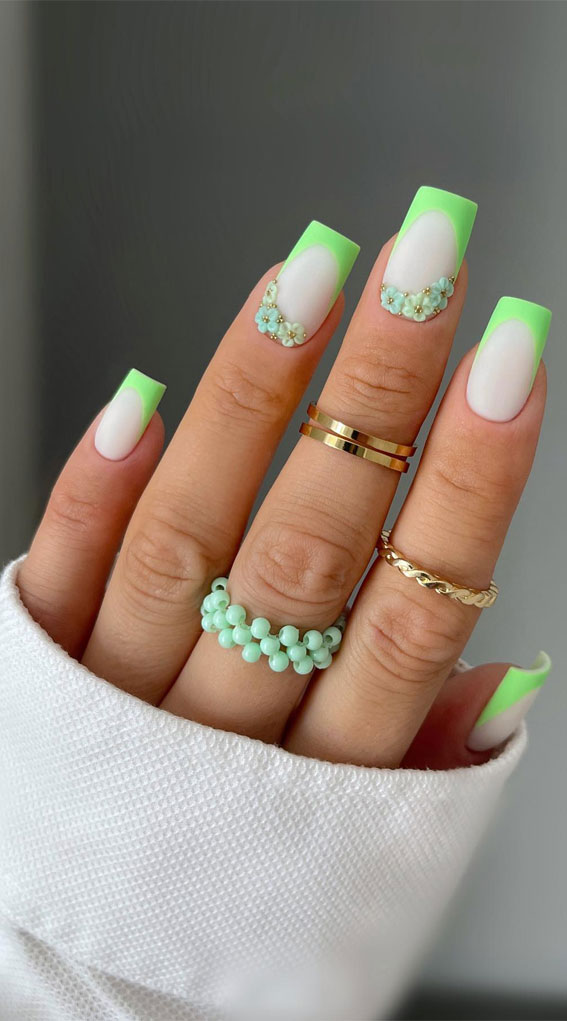 30 Easter Nail Art Designs That Dazzle : Neon Green Floral Cuff Nails