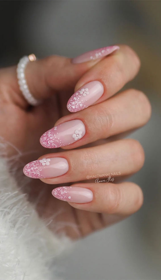 30 Easter Nail Art Designs That Dazzle : Speckled Tip Pink Nails with Flowers