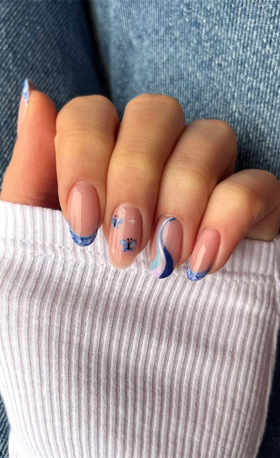 30 Easter Nail Art Designs That Dazzle : Blue Butterflies & Blue Tips Nails