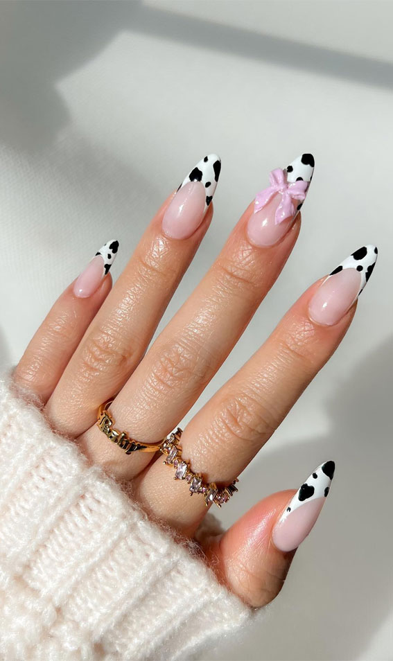 30 Easter Nail Art Designs That Dazzle : Cow Print Tips Nails with Pink Bow