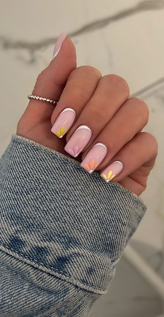 30 Easter Nail Art Designs That Dazzle : White Border Pastel Floral Tips Nails