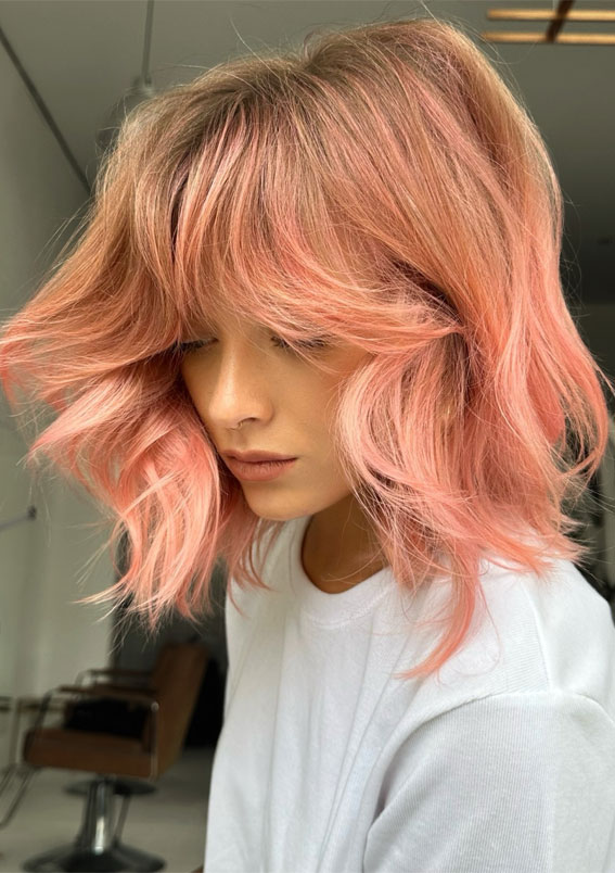 40 Ethereal Hair Colour Trends for the Spring-Summer Season : Blushing Sunset Bob with Bangs