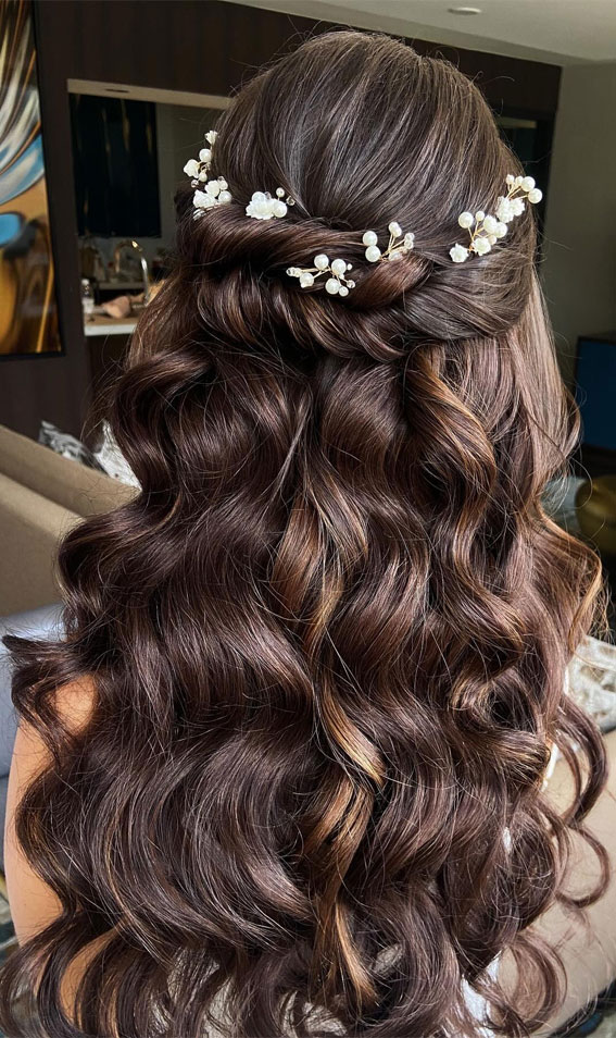 40 Half Up Half Down Hairstyles The Perfect Balance of Sophistication : Waved Back Floral Soft Half Up Style