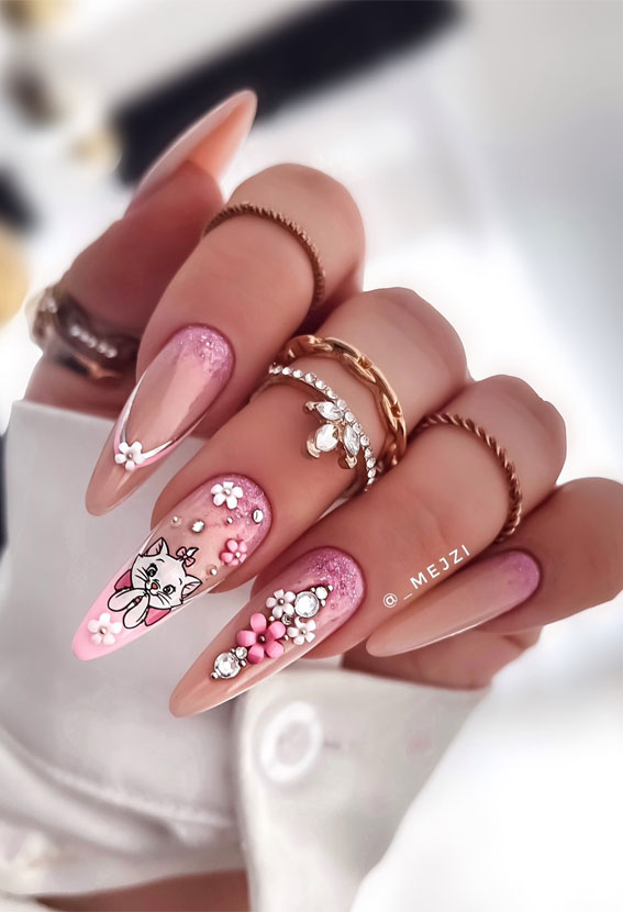 35 Trendsetting Nail Designs for the Season : 3D Flower + Cat Pink Nails